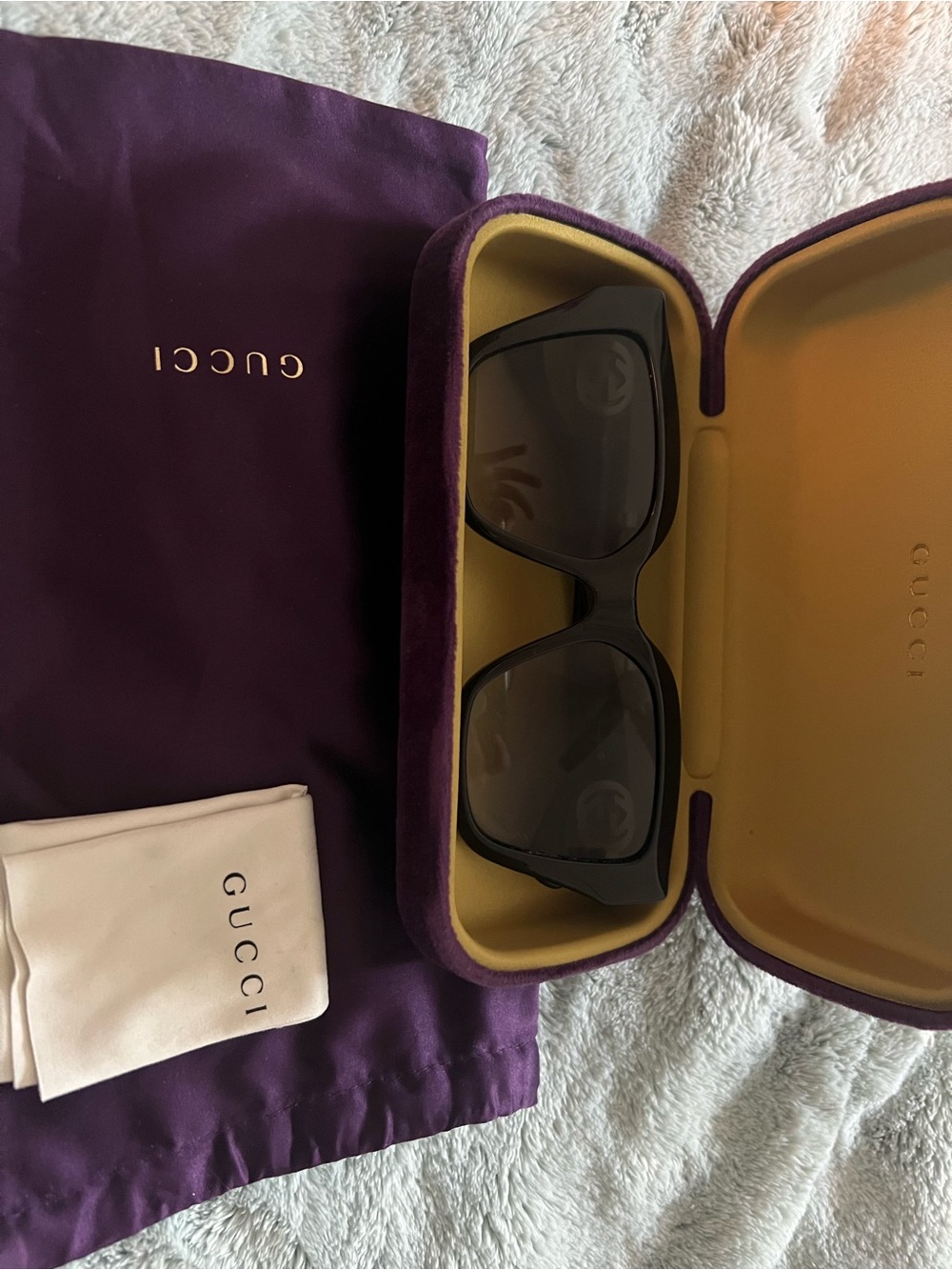 Gucci Black Sunglasses with Purple Velvet Case and Gold Interior